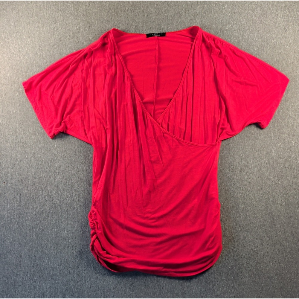 Made By Johnny Womens XL Red Dolman Wrap Front Tunic Top Ruched Blouse Drape EUC